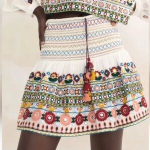 Zara High Rise Mini Skirt Contrasting Embroidery Smocked Elastic Waist Size M